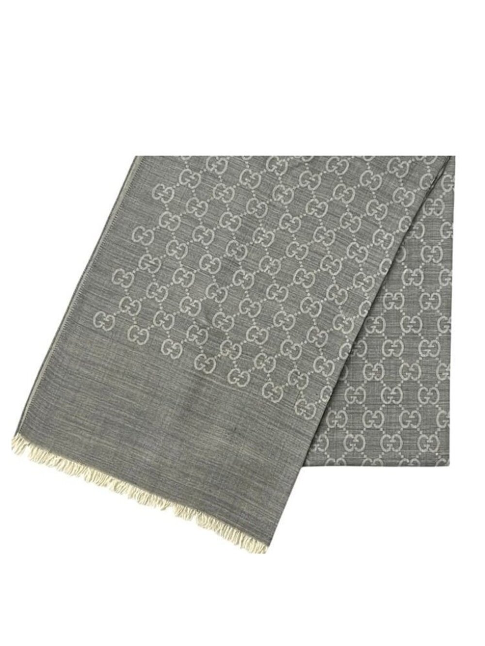 Gucci Shawl Fringe GG Pattern Silk Wool Gray Long Large Scarf